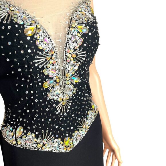 Panoply Black Rhinestone Embellished Mesh Illusion Gown Size 6 W Sheer Neckline - Picture 8 of 13